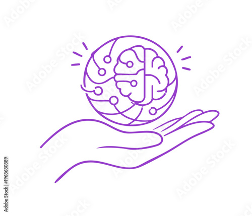 Artificial intelligence concept human hand holding glowing digital sphere minimal line illustration futuristic AI technology data power and innovation visualization