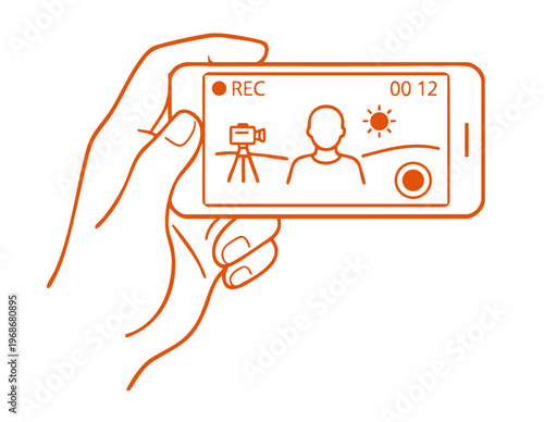 Social media content creation hand holding smartphone recording video minimal line illustration for influencer marketing digital creator lifestyle