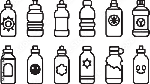 Assorted bottles with different caps and symbols illustrating recycling and storage Vector