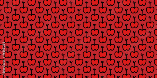 Seamless pattern of red cherries on red background, cute fruit theme, playful repeating texture design