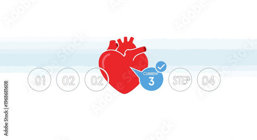 Human Heart Diagram with Step 3 Highlighted, Medical Progress Concept