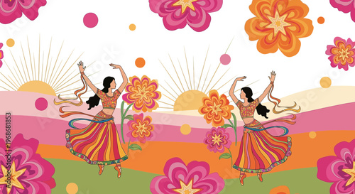Indian Dancers in Floral Landscape, Festive Celebration, Ethnic Dance