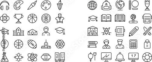 Education and Learning Line Icon Vector Set with School Tools, Science Equipment, Sports Symbols and Academic Outline Collection