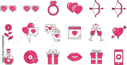 Valentine Love Icon Set Featuring Hearts, Ring, Gifts, Champagne, Lips, Messages and Romantic Relationship Elements Collection