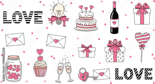 Valentine Love Romantic Icon Set Featuring Gifts, Cake, Wine, Letters, Hearts and Cute Celebration Elements Collection
