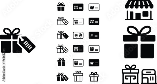 Gift Box Icon Set with Shopping Store Symbols, Present Package Signs, Retail Elements for E Commerce and Holiday Design