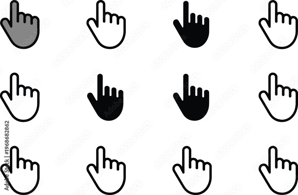Fototapeta premium Hand cursor pointer icon set in different styles including outline filled and minimal vector collection for web interface click navigation and user interaction design
