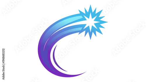 Blue and purple gradient shooting star vector icon illustration. Stylized comet with starburst head and curved trail, perfect for space science, astronomy, and celestial themed graphic designs.