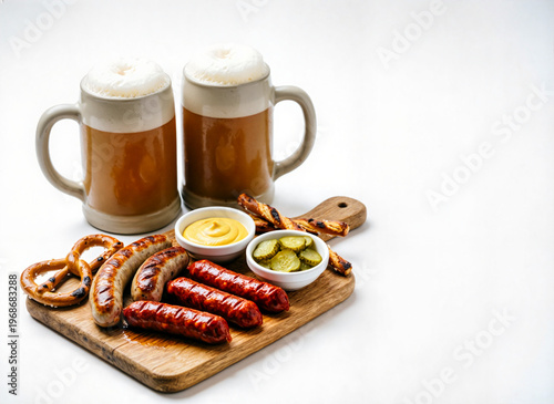two ceramic beer mugs and sausages on white 