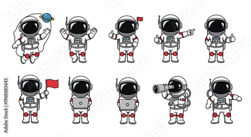 A set of astronaut characters in various poses, including waving, pointing, holding a flag, laptop, and telescope, presented as a colorful vector illustration on a clean white background