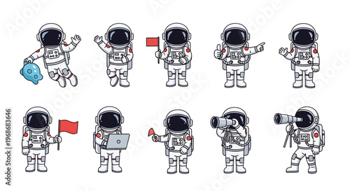 A set of cute astronaut vector characters in various poses, including waving, pointing, holding a flag, using a laptop, and looking through a telescope, set against a clean white background