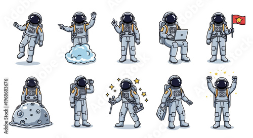 Cartoon astronaut vector set featuring a collection of space explorer mascots in various poses—waving, pointing, using a laptop, holding a flag, and floating—presented as cute clipart
