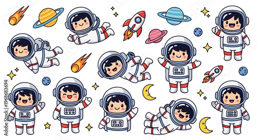 A cartoon astronaut character set, designed as a cute space explorer mascot, is presented in various poses and actions against a white background, with bright colors creating a fun