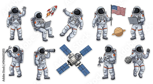 A cartoon astronaut character set presents a collection of space explorer mascots in various poses, including floating, waving, and holding items like a flag and laptop, rendered