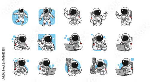 Isolated on white, a set of cute astronaut clipart vectors depicts a space explorer mascot in various poses, including waving, pointing, and using a laptop, rendered as a clean, flat