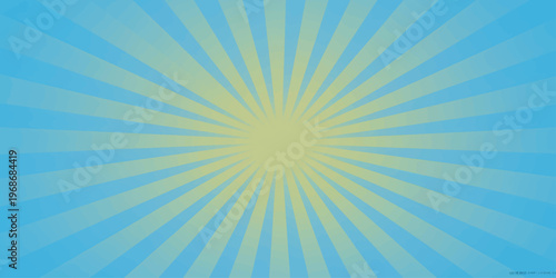 Abstract blue and yellow sun rays background featuring a bright radial sunburst pattern with glowing summer sunlight beams in a vector star burst illustration design