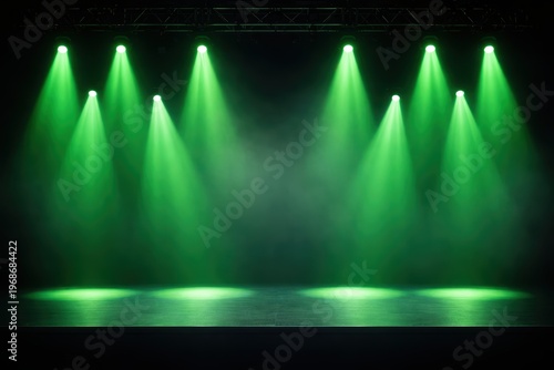 Illuminated Stage: A captivating view of an empty stage illuminated by several radiant, emerald spotlights creating a captivating show atmosphere.