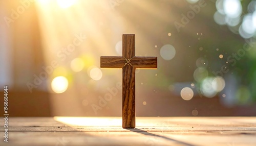 A wooden Christian cross stands centered, bathed in warm sunlight, against a blurred bokeh background of green foliage. The scene evokes peace and spirituality