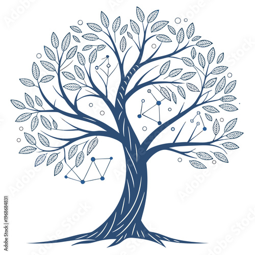 A blue tree illustration with connected nodes representing growth and networks