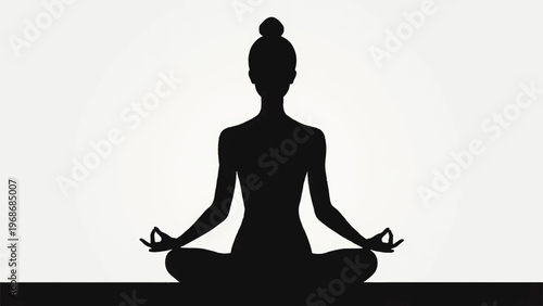 Meditating woman silhouette, yoga meditation icon, black lotus pose figure, mindfulness symbol