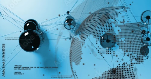 Animation of spinning globe and data processing over connecting dots against blue background