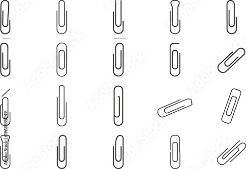 Paper clip icon set in minimal outline styles for office stationery document attachment organization simple linear vector collection for business workspace use