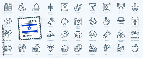 Israel, Jewish Icon Set, a collection of fine icons featuring symbols of faith, scriptures, traditional foods, plants, drip irrigation, and more.