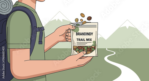 Hiker Holding Trail Mix Snack Bag on Mountain Path Background