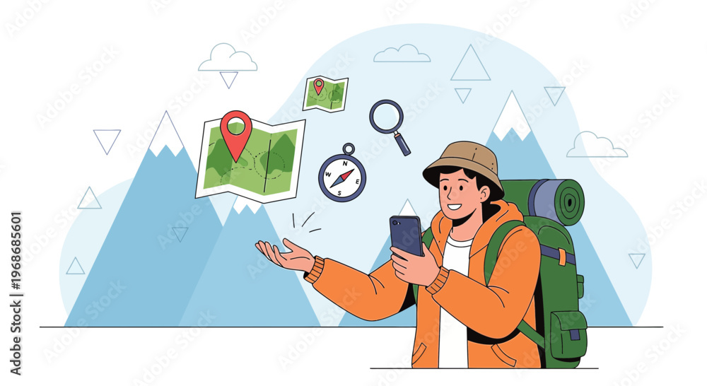 Fototapeta premium Hiker using map app on smartphone in mountains with backpack, navigation concept