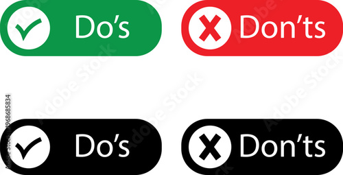 set of do and don't buttons with checkmark and cross icons in green red and black rounded badges