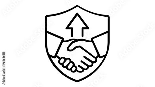 Vector illustration of a business branding line icon featuring a handshake inside a protective shield with an upward arrow, representing secure partnerships, growth, trust, and success.