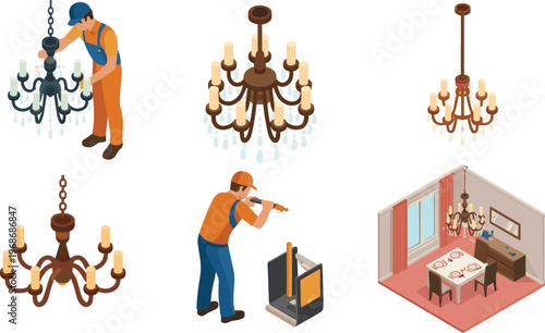 Isometric Illustration Set of Chandeliers - Installation, Chandelier Design, and Interior in Flat Design Style