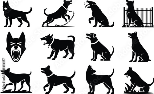 Angry Dog Silhouette Icon Collection Set