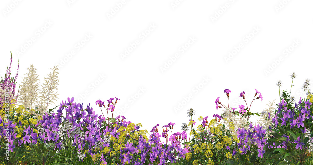 Εκτύπωση καμβά Large foreground flowerbed with different blooming flowers and plants isolated o