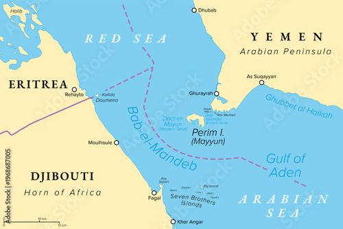 Strait of Bab-el-Mandeb, political map. Translated to Gate of Tears,  a major global choke point between Yemen and Djibouti as well as Eritrea, connecting the Red Sea and the Gulf of Aden. Vector