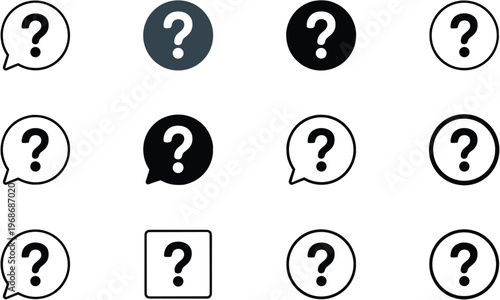 Question mark speech bubble icon set in outline and filled styles for FAQ help support communication inquiry and customer service vector collection