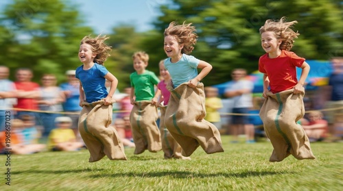 Group of children jumping in burlap sack race. Kids competing in outdoor game on sunny day. Summer camp activities and friendly competition concept
