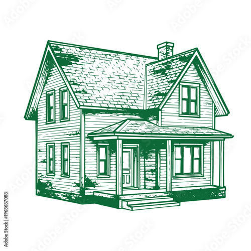 Green line of a two-story house with a covered porch green line covered porch roof chimney