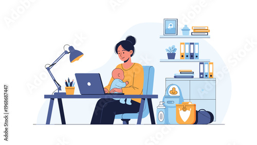 Dedicated mother manages her work duties on a laptop while tenderly holding her baby at her desk in a well-organized home office.