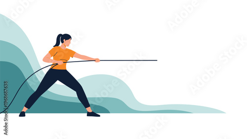 Strong woman wearing orange activewear pulling a thick rope during an intense tug of war competition or functional fitness workout session.