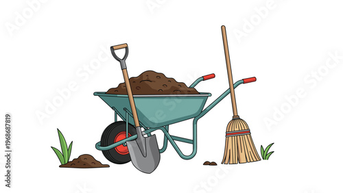 Garden equipment including a turquoise wheelbarrow full of dirt a metal shovel and a wooden broom leaning together in a backyard.
