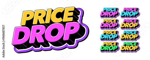 Low price deal, text icon set for promotion. Text Price drop in 3D style, season discount offer in shop, price off. Cost reduction tag, isometric title in pop art style, vector set