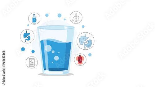 Large glass filled with fresh blue water surrounded by various icons representing human organs to show the benefits of hydration.