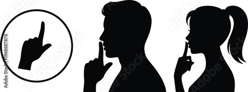 Silence gesture icon set with male and female silhouettes and finger on lips symbol for quiet privacy secrecy and communication vector collection