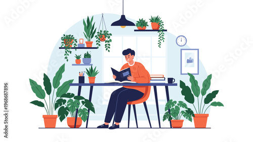 Young man sitting at a desk and reading a book in a room filled with numerous green indoor plants for a peaceful and studious atmosphere.