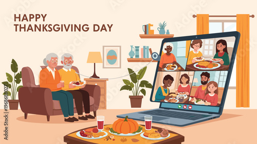 Elderly couple sits comfortably on a sofa at home enjoying a Thanksgiving meal and video calling their large family on a laptop screen.