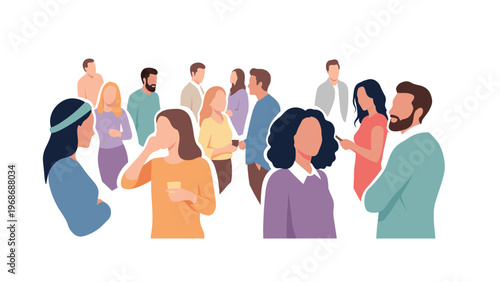 Illustration of a diverse group of people standing together and engaging in conversations within a social or professional networking setting.