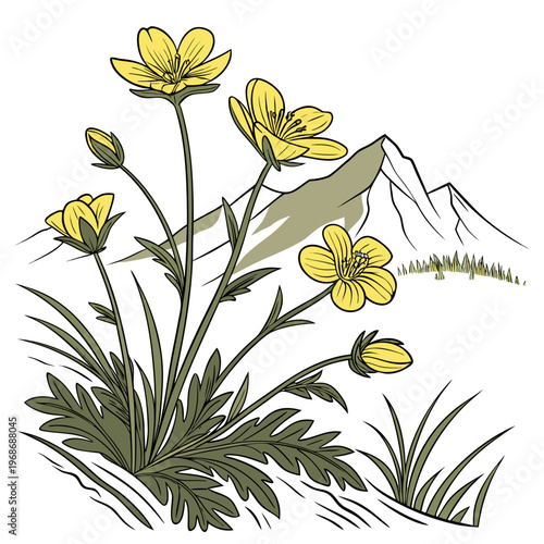 A vibrant illustration depicts yellow wildflowers blooming in the foreground with a subtle mountain range backdrop high quality professional detailed