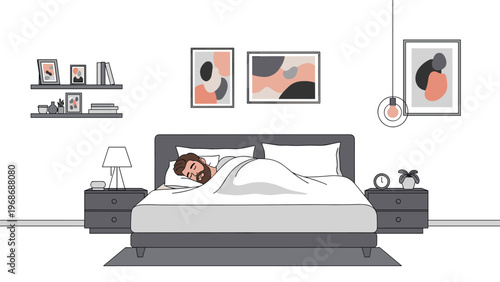 Man sleeps deeply in a large comfortable bed within a minimalist modern bedroom decorated with abstract paintings and stylish furniture.