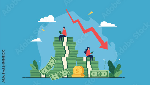 Man and woman sit on tall stacks of banknotes while watching a large red arrow graph pointing downwards to signify financial loss.